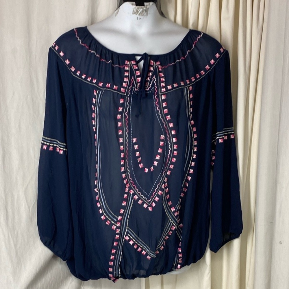 CJ BANKS 2x Semi Sheer Navy Blue Pink Embroidered Peasant Style Top